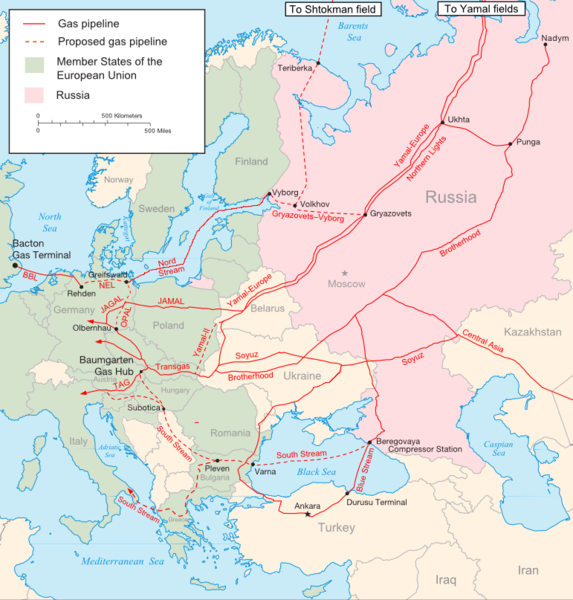 Major russian gas pipelines to Europe. Wikipedia CC–BY–SA.